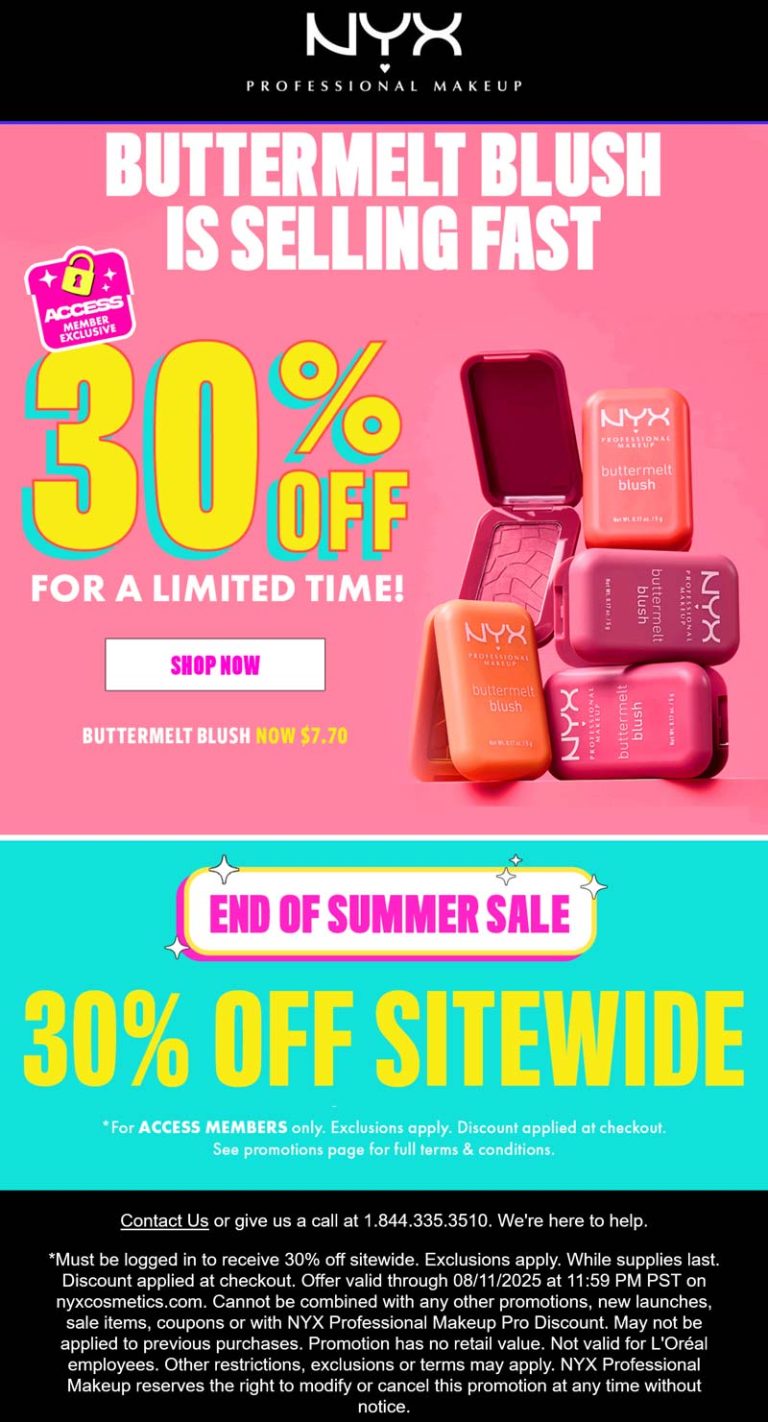 30% off everything via login at NYX Professional Makeup