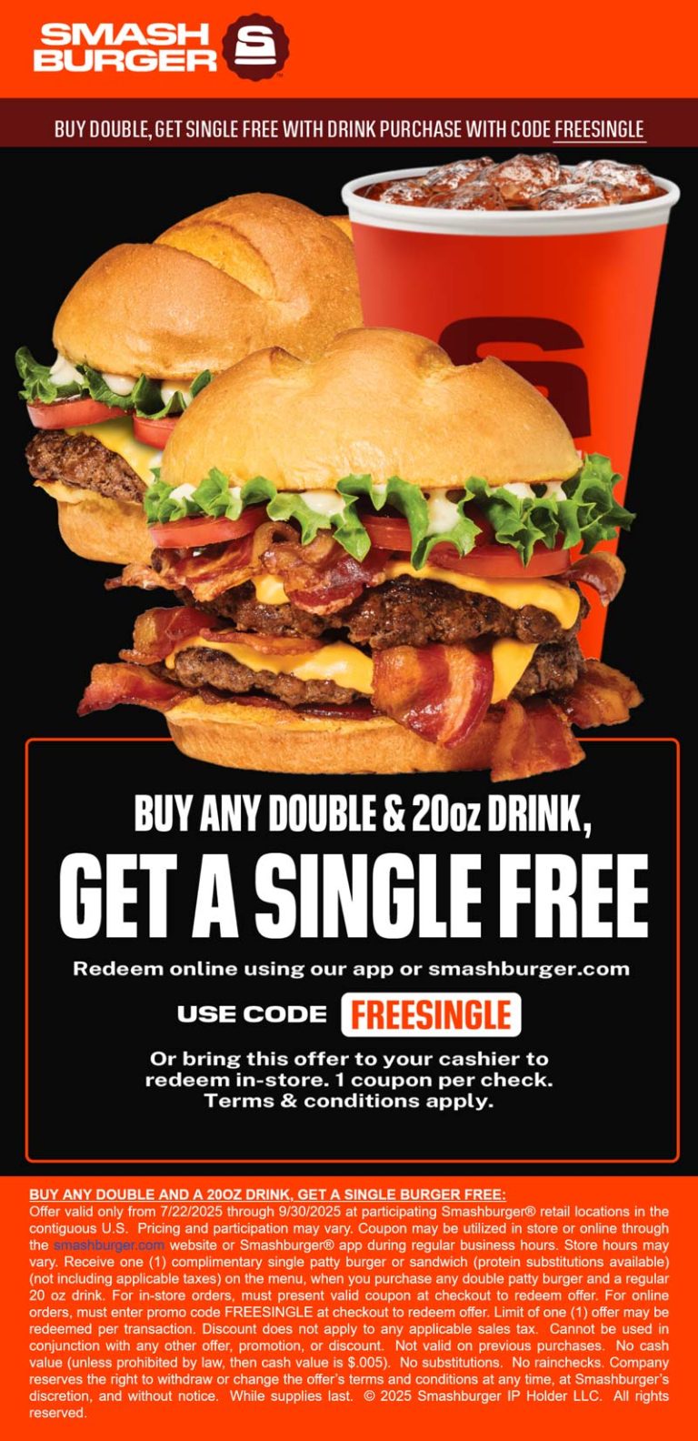 Free cheeseburger with your double & drink at Smashburger, or online via promo code FREESINGLE