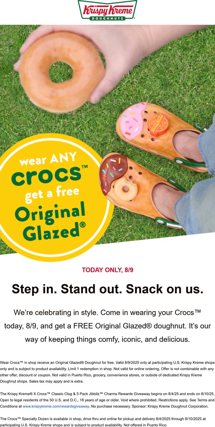 Free glazed doughnut today wearing Crocs at Krispy Kreme