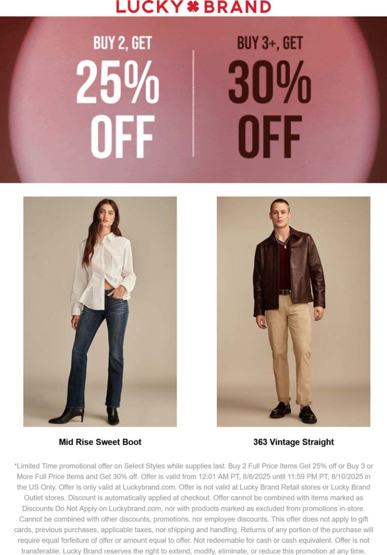 25-30% off 2+ items online at Lucky Brand