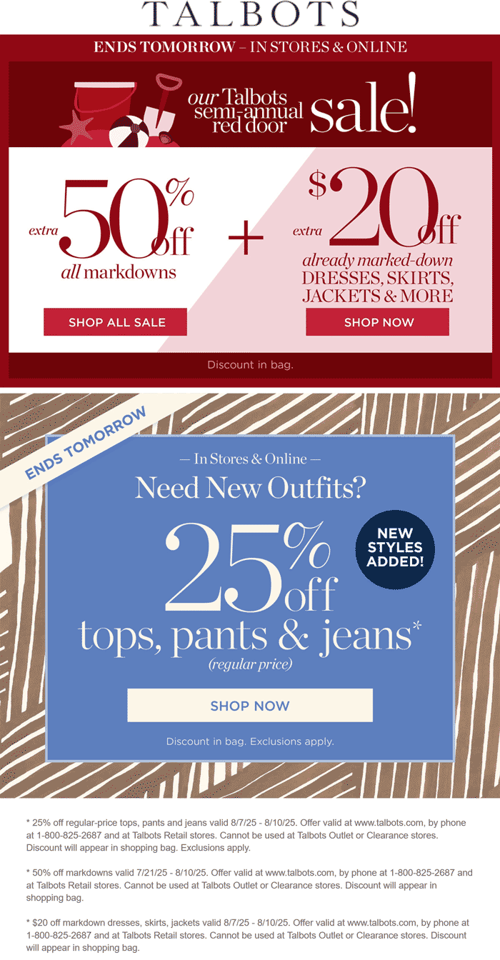 Extra 50% off sale items & more at Talbots, ditto online