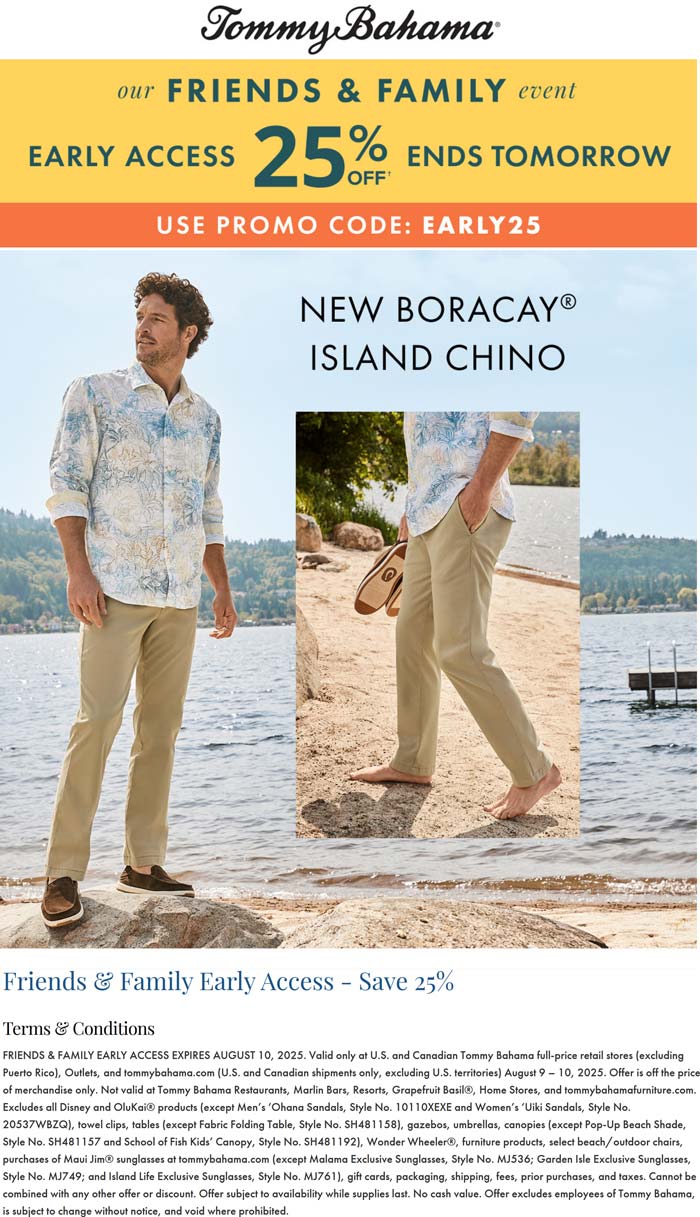 25% off at Tommy Bahama via promo code EARLY25
