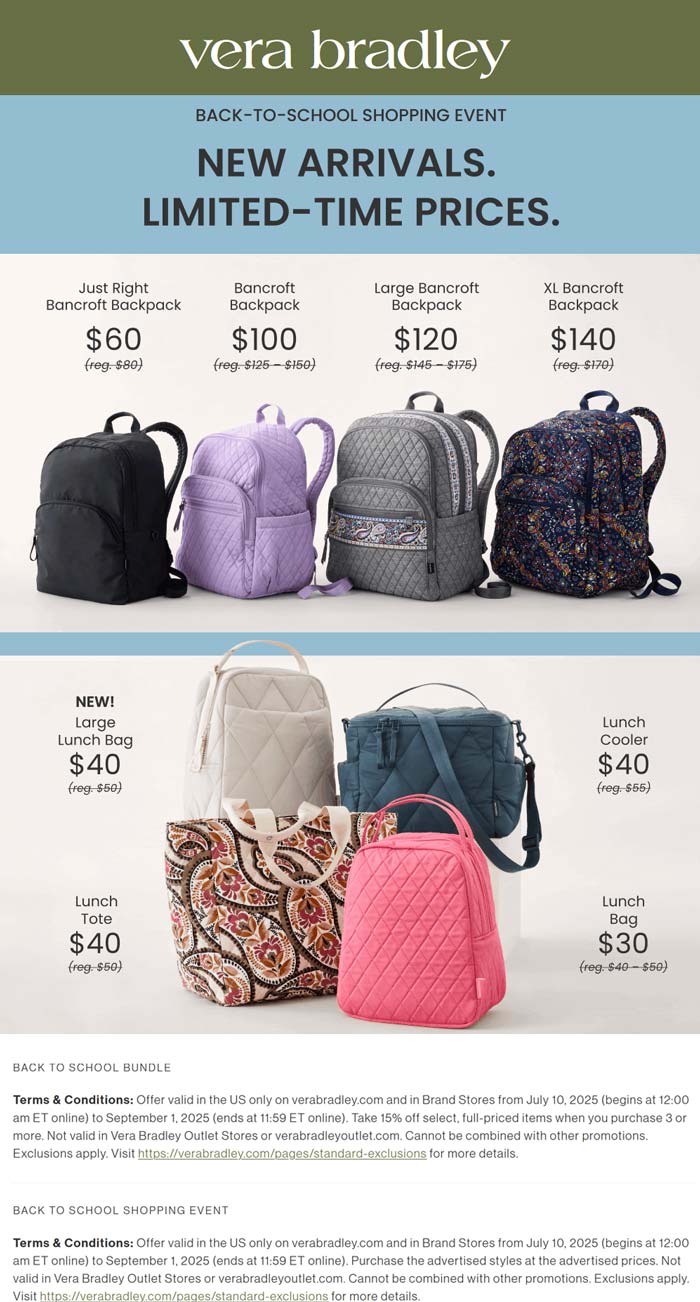 20-40% off backpacks and lunch bags at Vera Bradley
