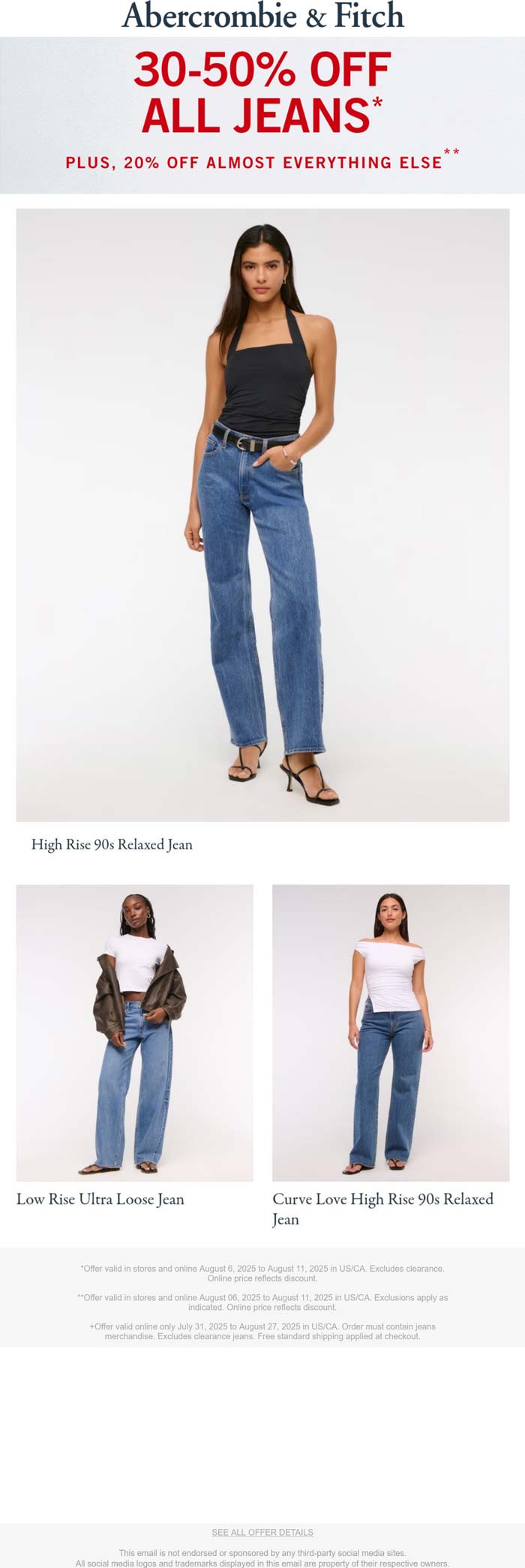 Abercrombie & Fitch coupon: 30-50% off all jeans & more at Abercrombie & Fitch, ditto online