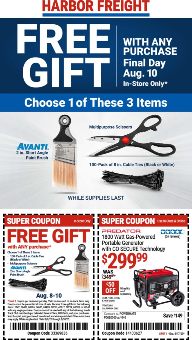 Free item with any purchase today at Harbor Freight tools