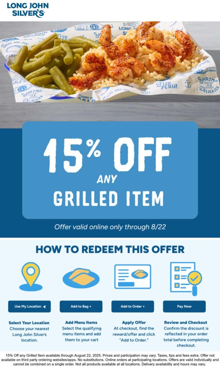 15% off grilled items online at Long John Silvers restaurants