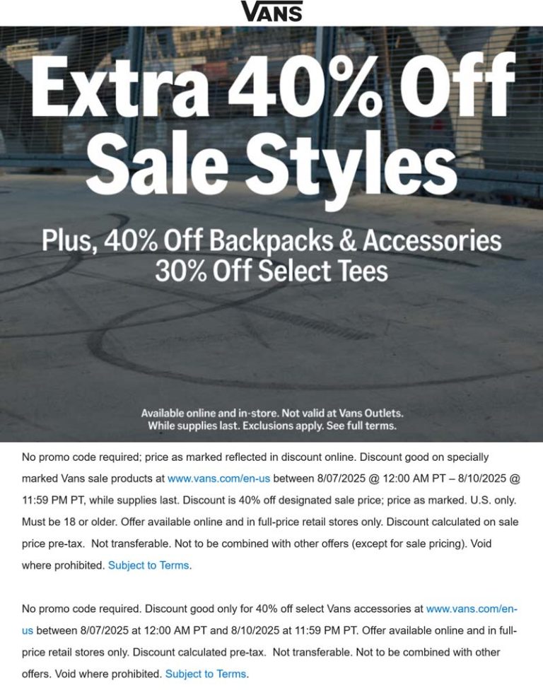 Extra 40% off sale styles today at Vans