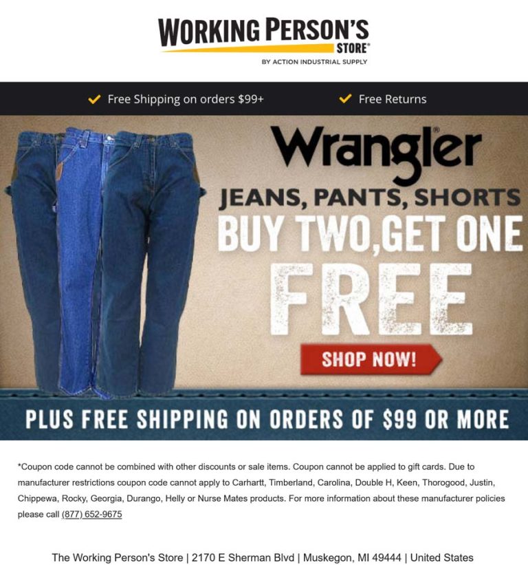 3rd pair Wrangler jeans free at The Working Persons Store