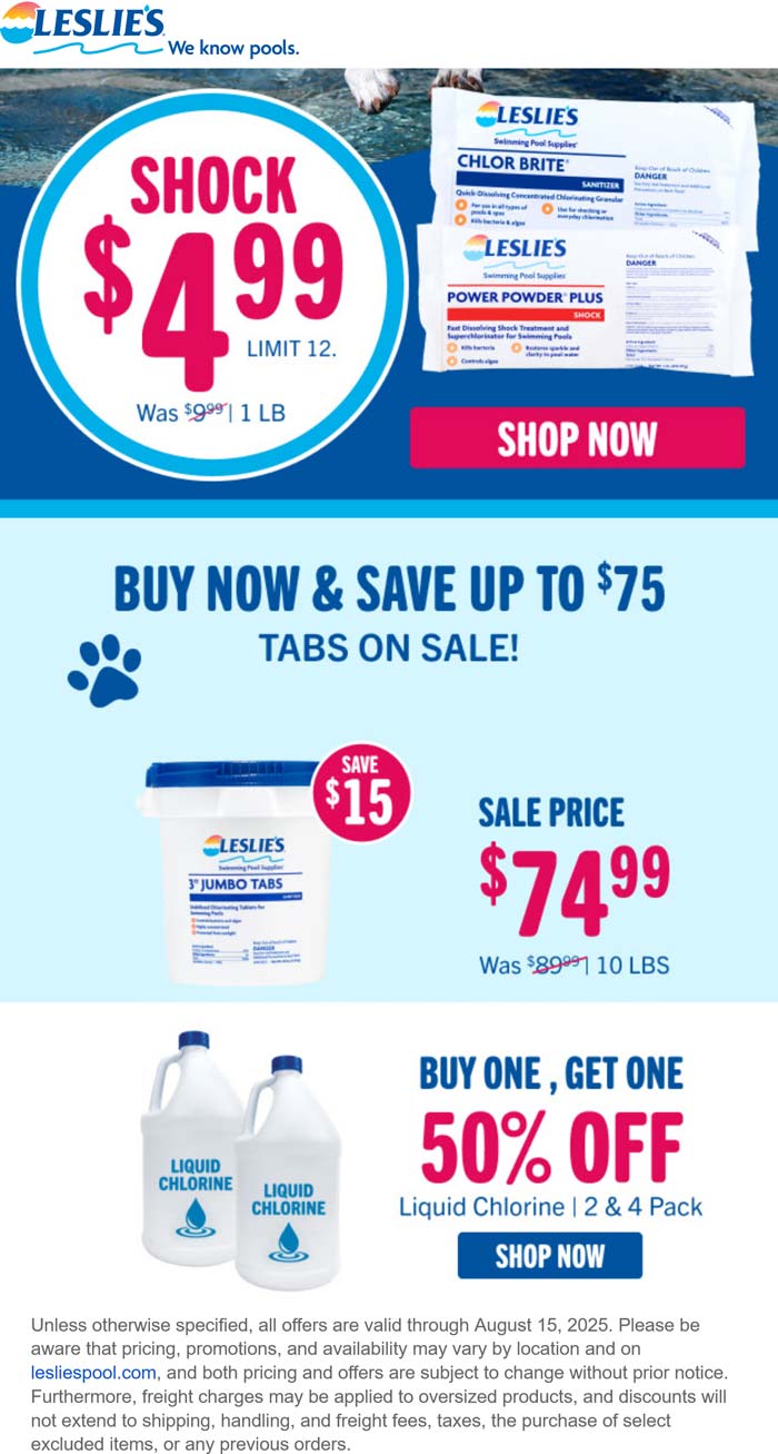 50% off shock at Leslies Pool Supplies