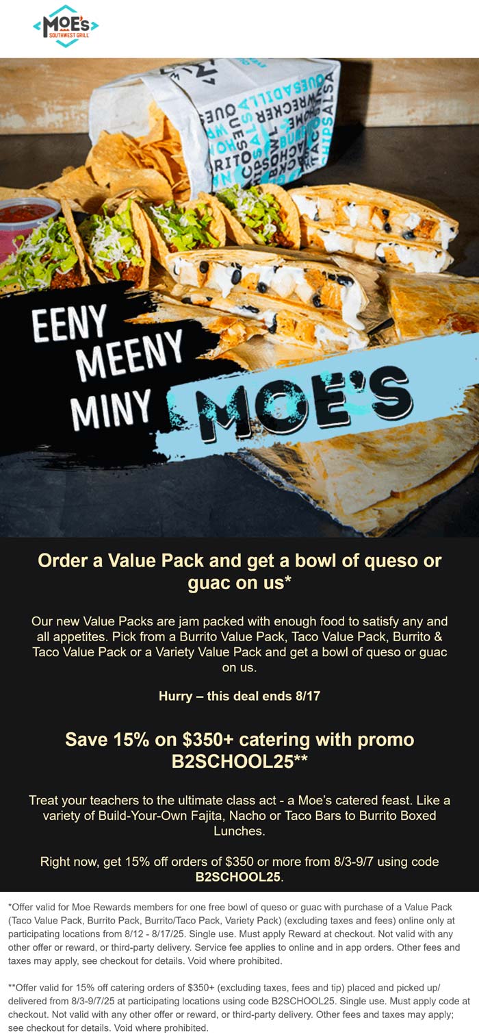 Free bowl of guac or queso with your value pack at Moes Southwest Grill