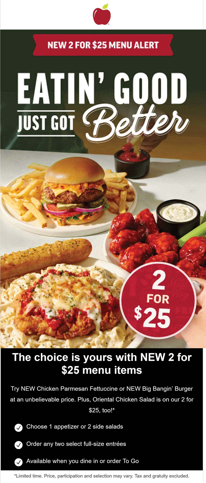 Appetizer + 2 entrees = $25 at Applebees restaurants