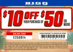 $10 off $50 today at Big 5 sporting goods, or online via promo code E250814 #big5