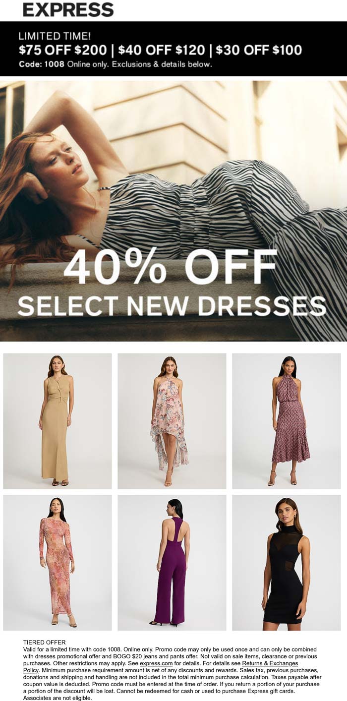 $30-$75 off $100+ & more online at Express via promo code 1008