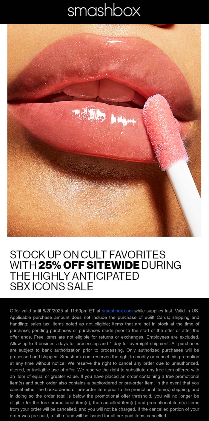 25% off everything online at Smashbox cosmetics