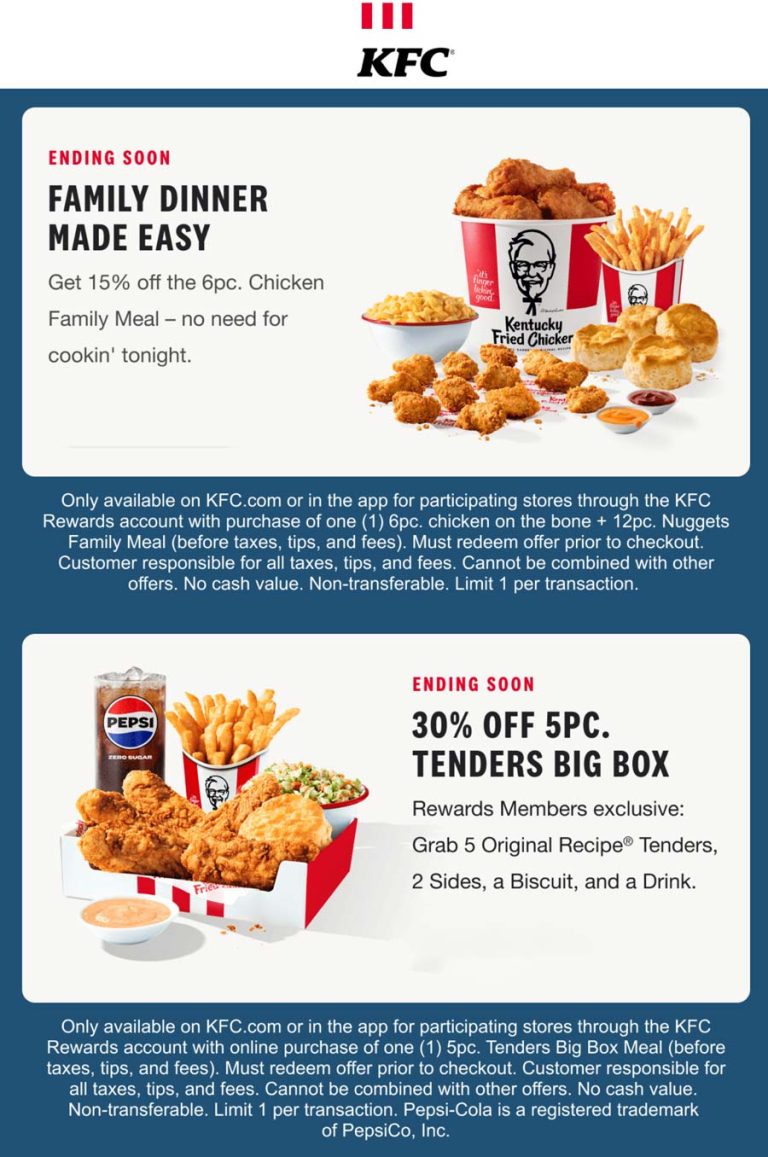15% off family meal & 30% 5pc chicken tenders box at KFC