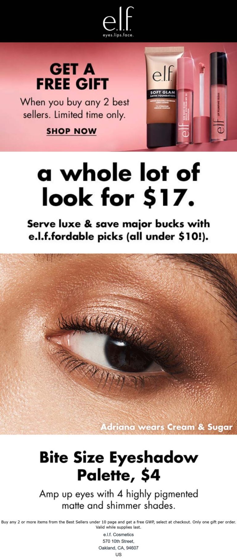 Free gift with your 2 bestsellers under $10 at e.l.f. Cosmetics