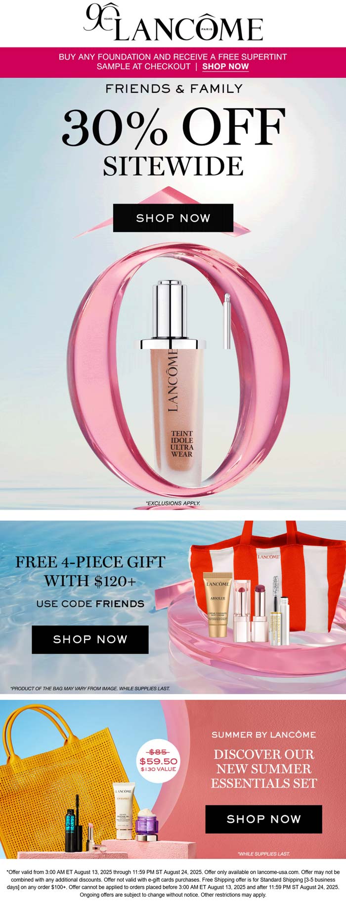 30% off everything + free 4pc on $120 at Lancome via promo code FRIENDS