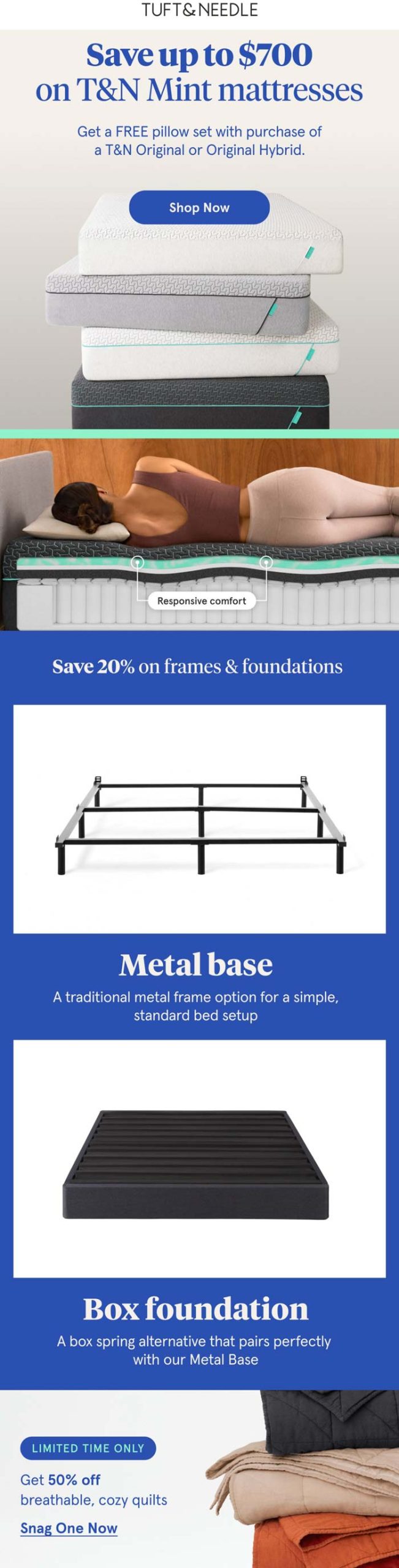 Tuft & Needle coupon: 20% off frames, free pillow set with mattress & more at Tuft & Needle