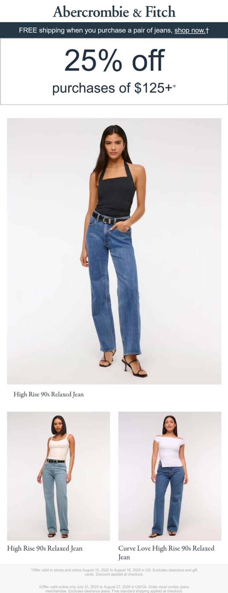 Abercrombie & Fitch coupon: 25% off $125 at Abercrombie & Fitch, ditto online