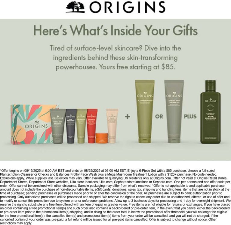 Free 6pc set on $85+ online at Origins