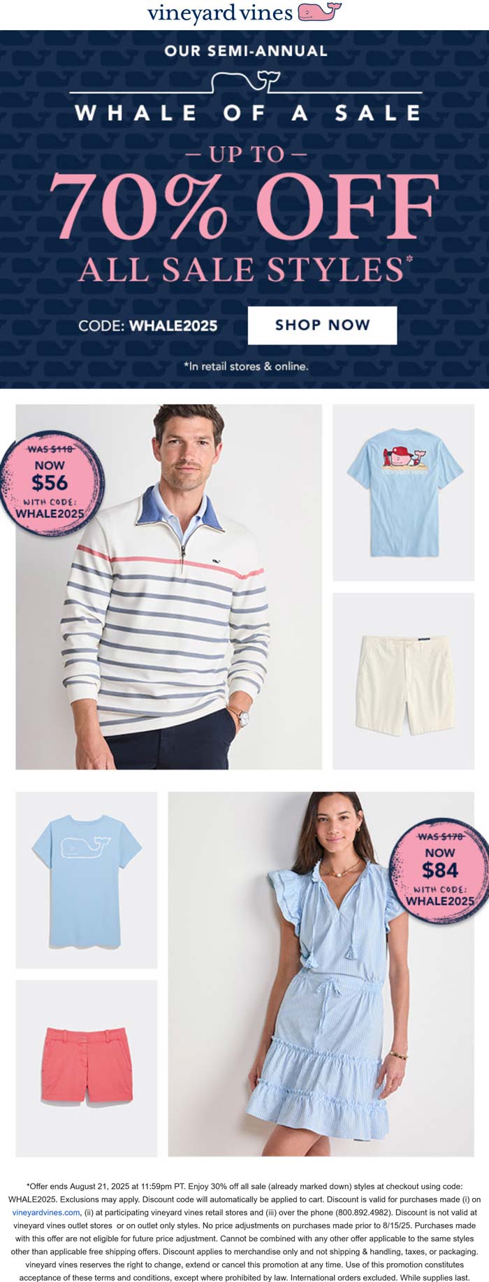 30-70% off sale styles at Vineyard Vines, or online via promo code WHALE2025