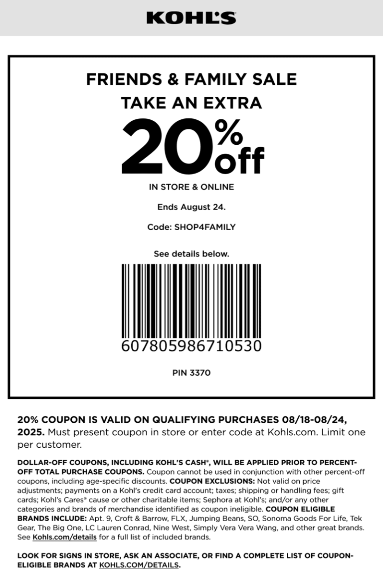 Extra 20% off at Kohls, or online via promo code SHOP4FAMILY
