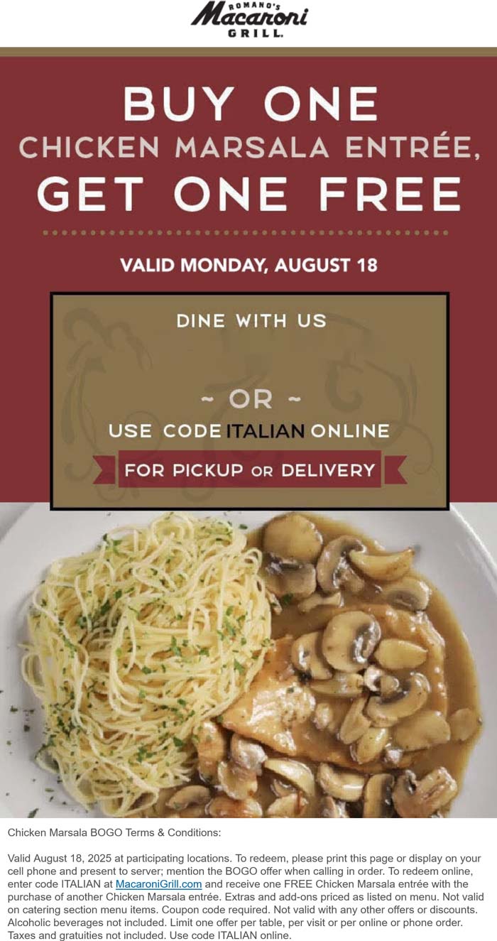 Second chicken marsala free today at Macaroni Grill