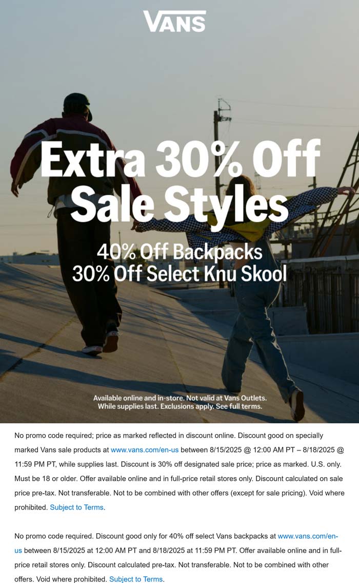 Extra 30% off sale styles, 40% backpacks & more today at Vans
