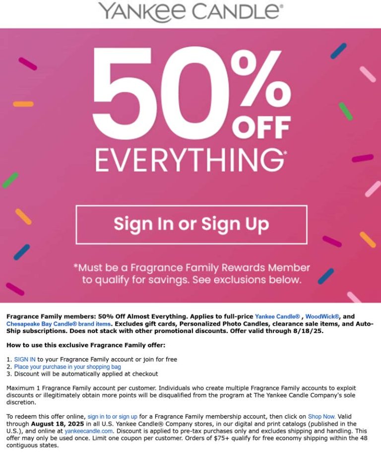 50% off everything today at Yankee Candle