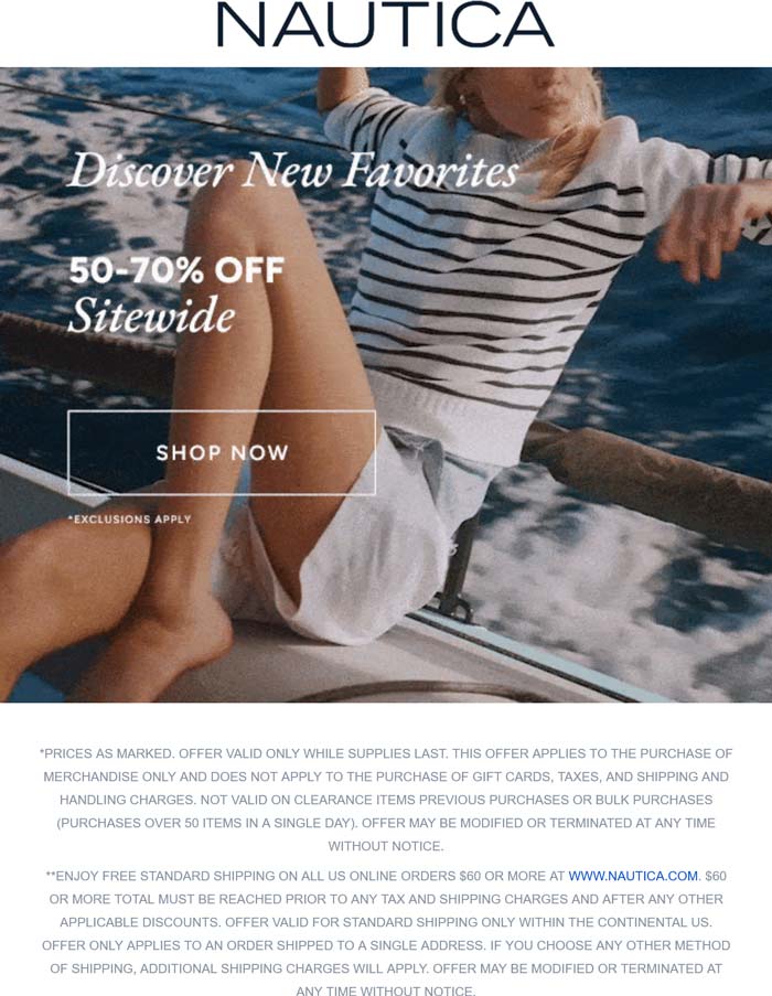 50-70% off everything online at Nautica