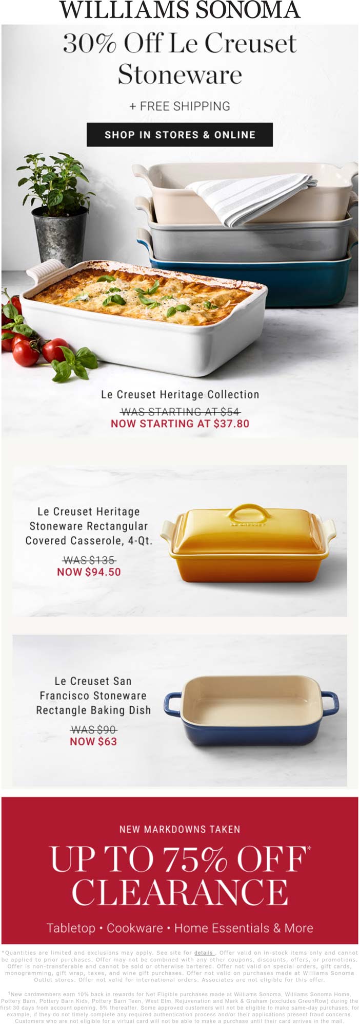 30% off Le Creuset stoneware at Willams Sonoma, ditto online