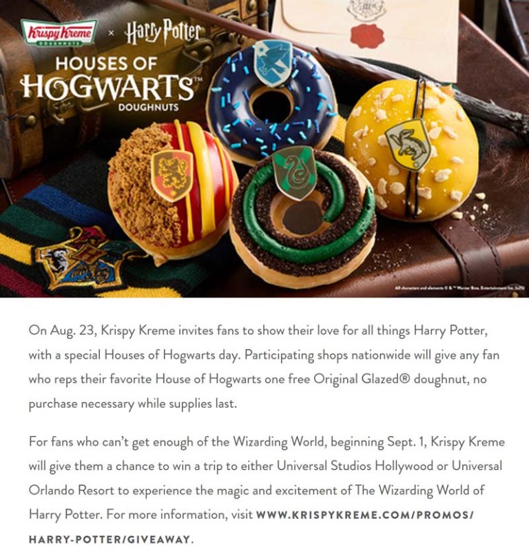 Free doughnut Saturday repping hogwarts at Krispy Kreme, no purchase necessary