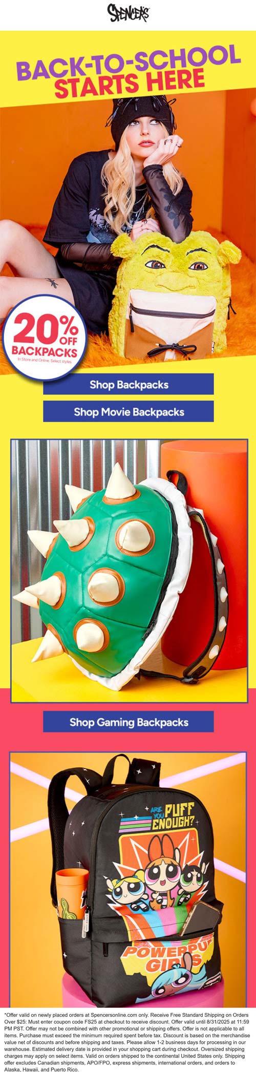 20% off backpacks at Spencers with free shipping via promo code FS25