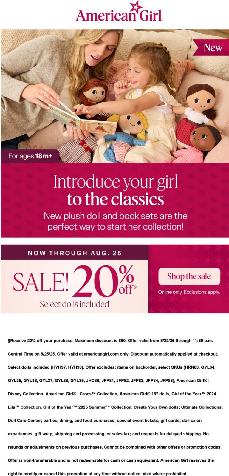 20% off various dolls online at American Girl