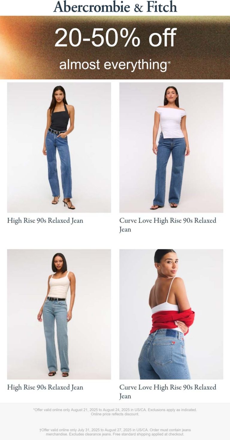 Abercrombie & Fitch coupon: 20-50% off today at Abercrombie & Fitch