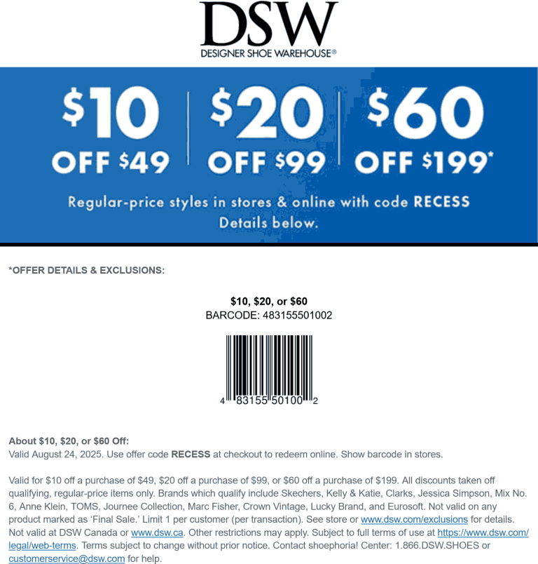 $10-$60 off $49+ shoes today at DSW, or online via promo code RECESS
