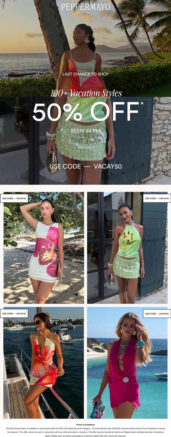 50% off at Peppermayo via promo code VACAY50