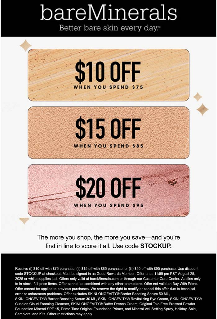 $10-$20 off $75+ today at bareMinerals via promo code STOCKUP
