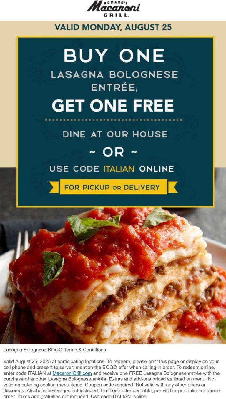 Second lasagna free today at Macaroni Grill restaurants, or online via promo code ITALIAN