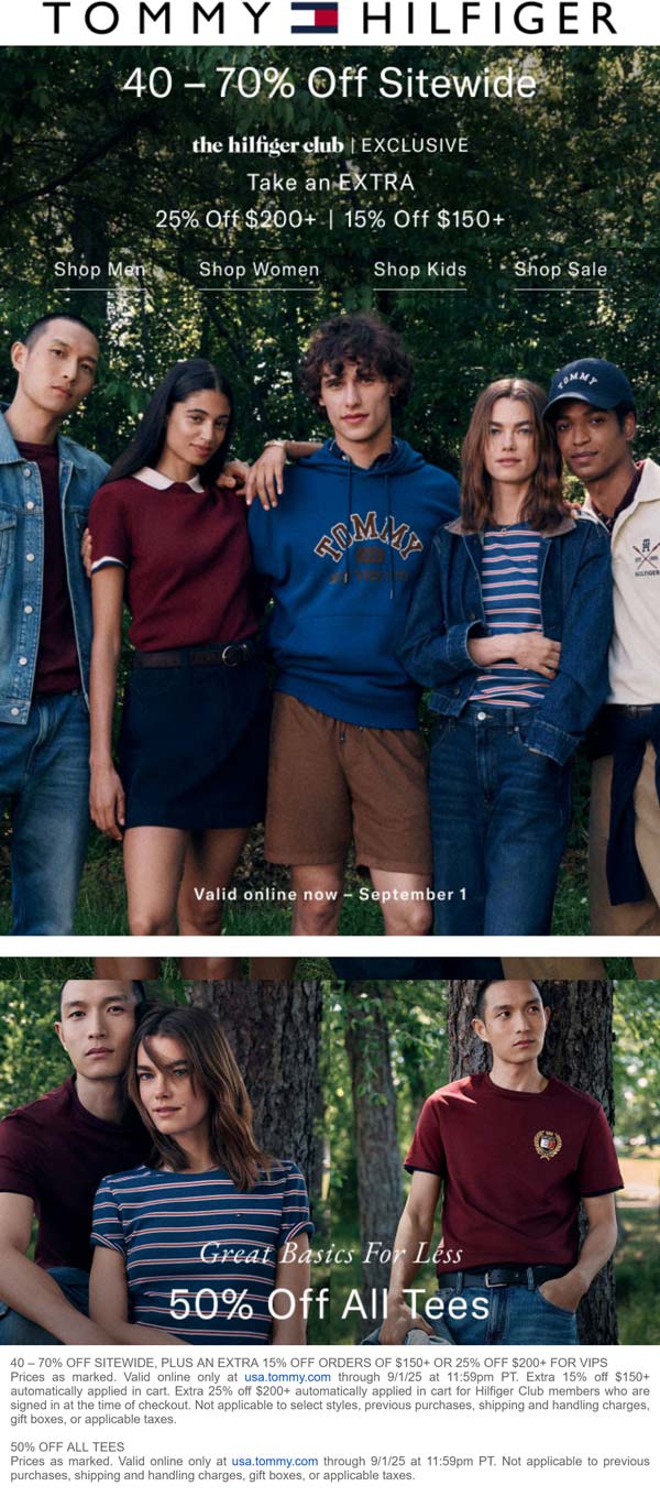 40-70% off everything + extra 15-25% off $150 online at Tommy Hilfiger