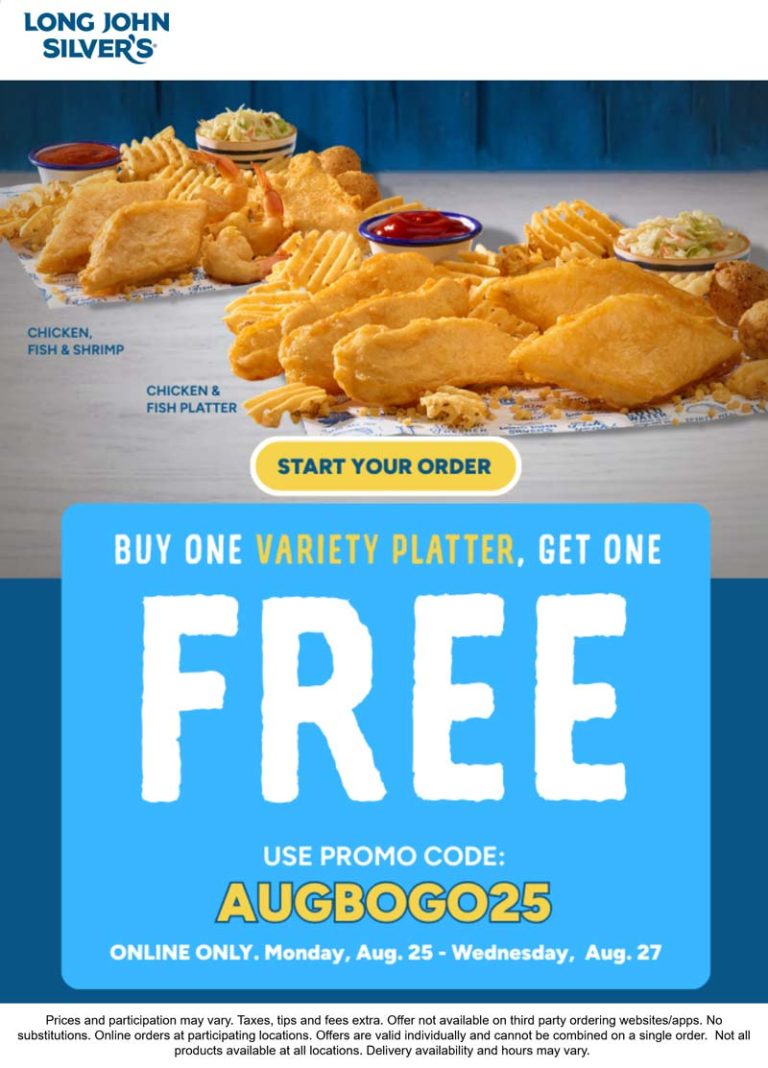 Second variety platter meal free at Long John Silvers via promo code AUGBOGO25