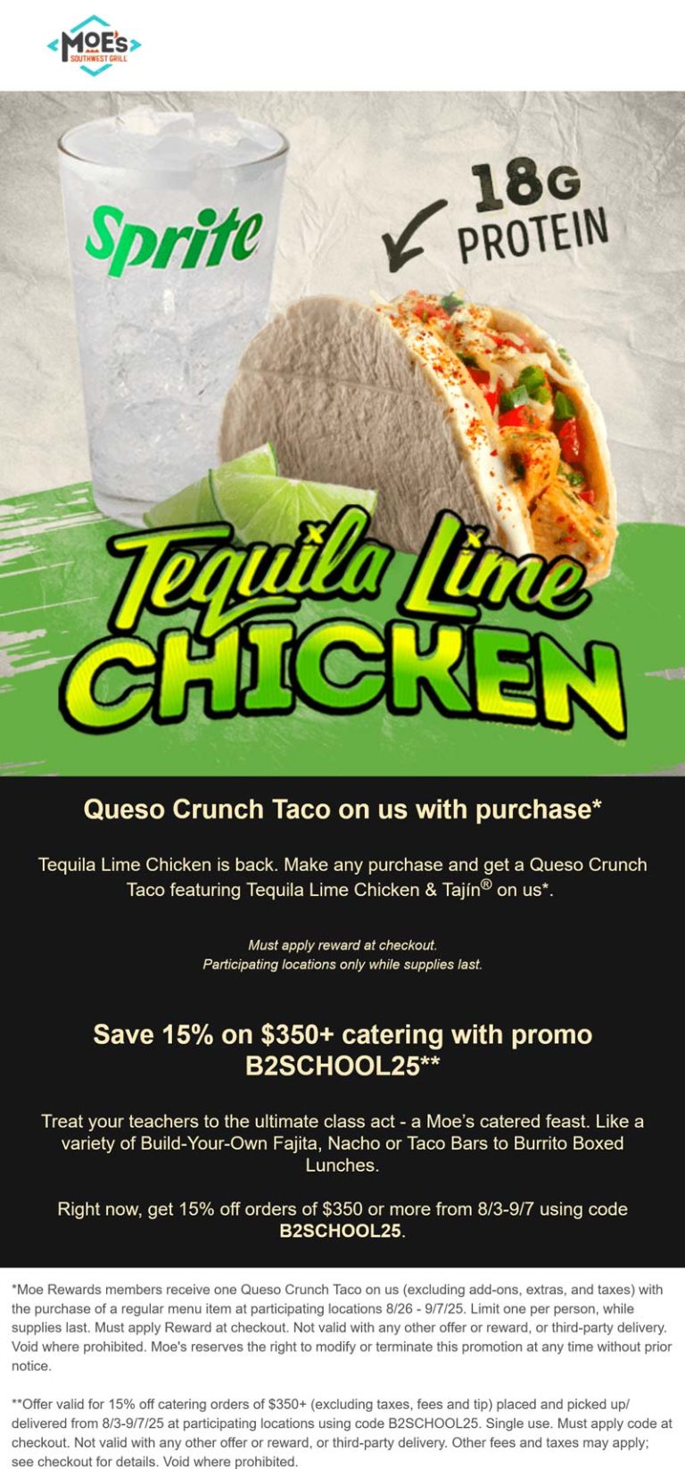 Free chicken taco with your order via login at Moes Southwest Grill
