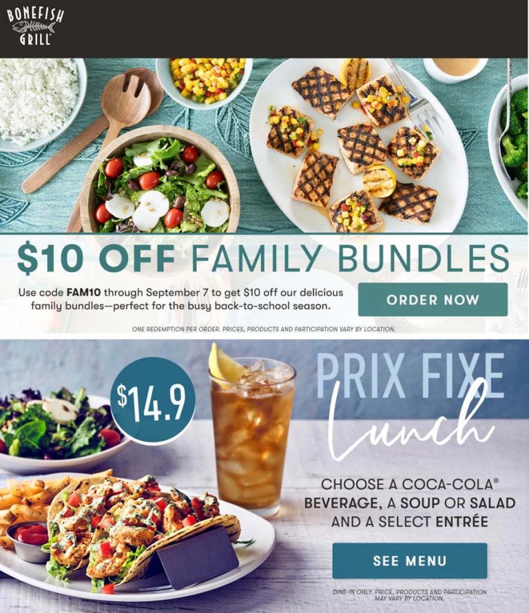 $10 off family bundle meal at Bonefish Grill via promo code FAM10