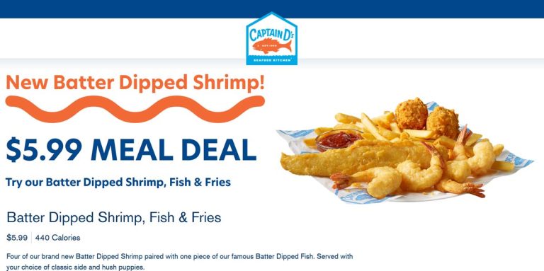Fried shrimp + fish + side + hush puppies = $6 at Captain Ds restaurants