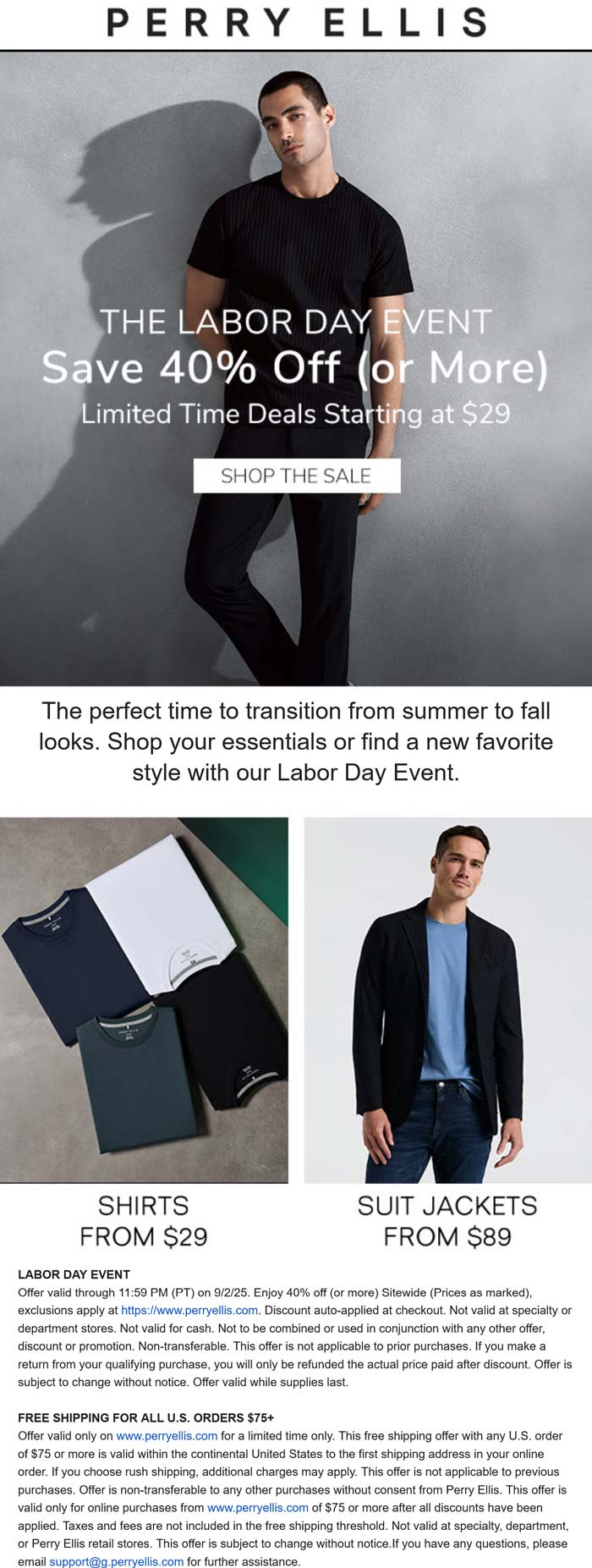 40% off & more on everything online at Perry Ellis