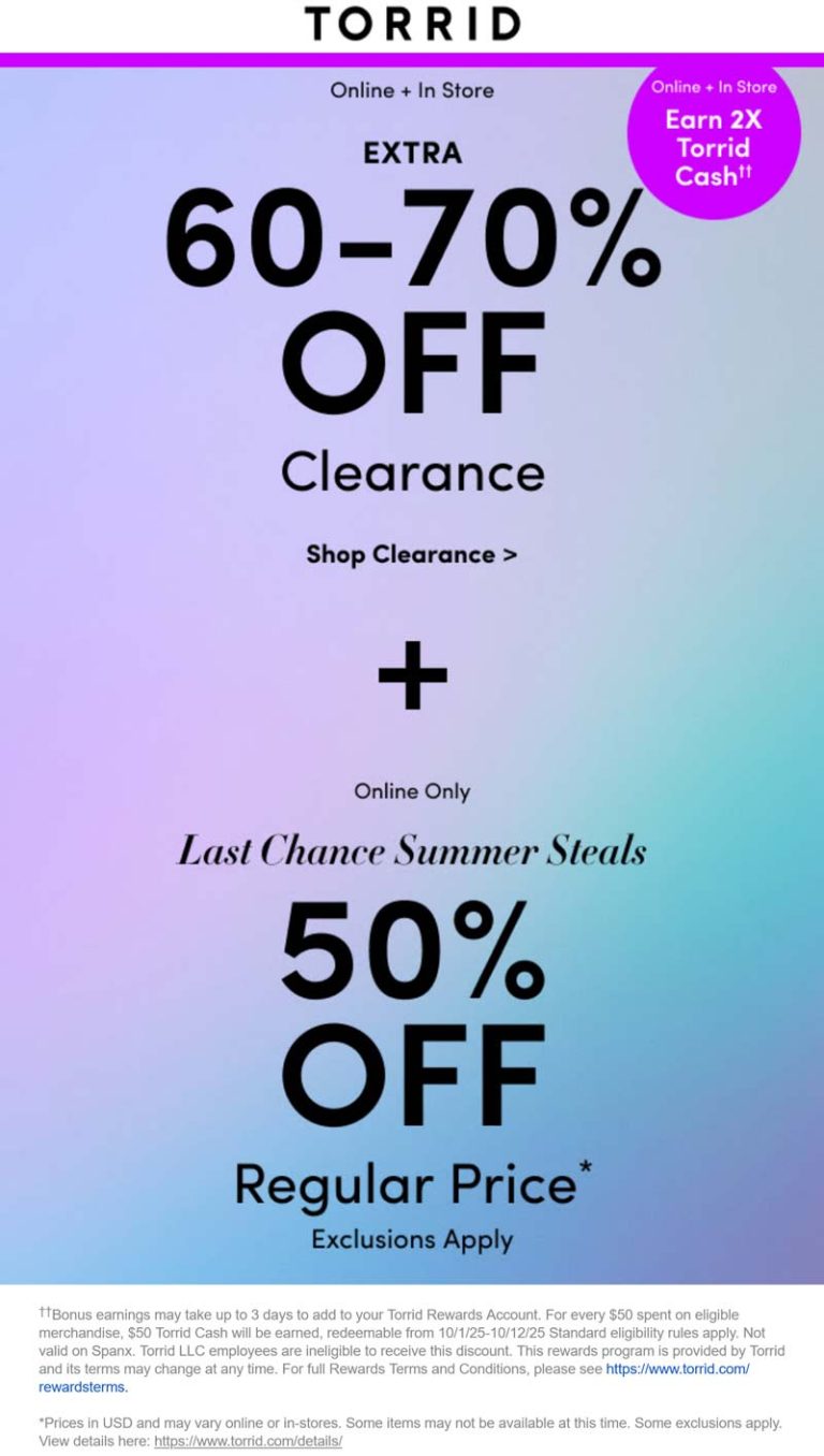 50% off regular & 60% off clearance online at Torrid