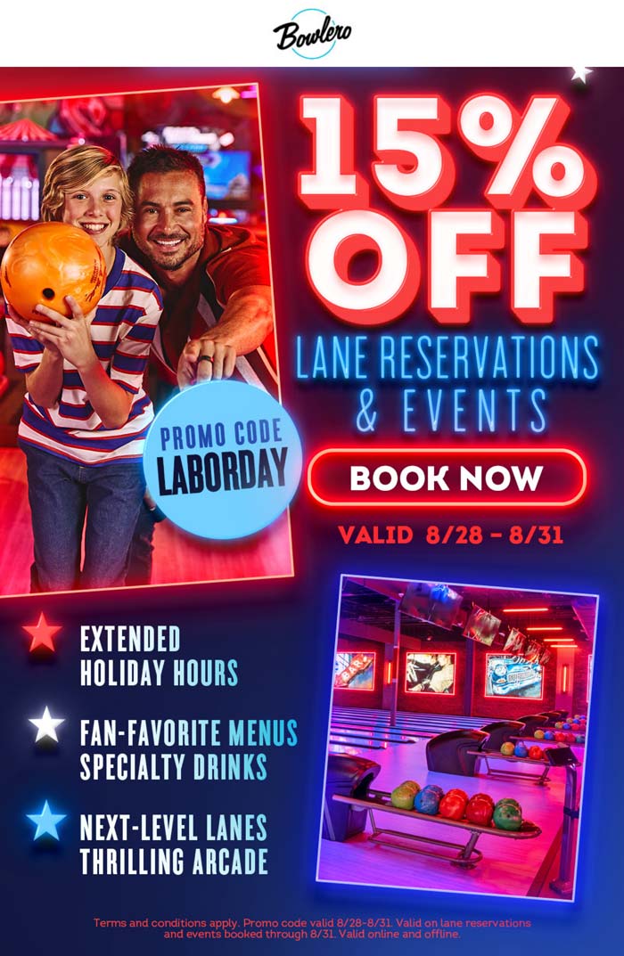 15% off bowling lanes at Bowlero via promo code LABORDAY