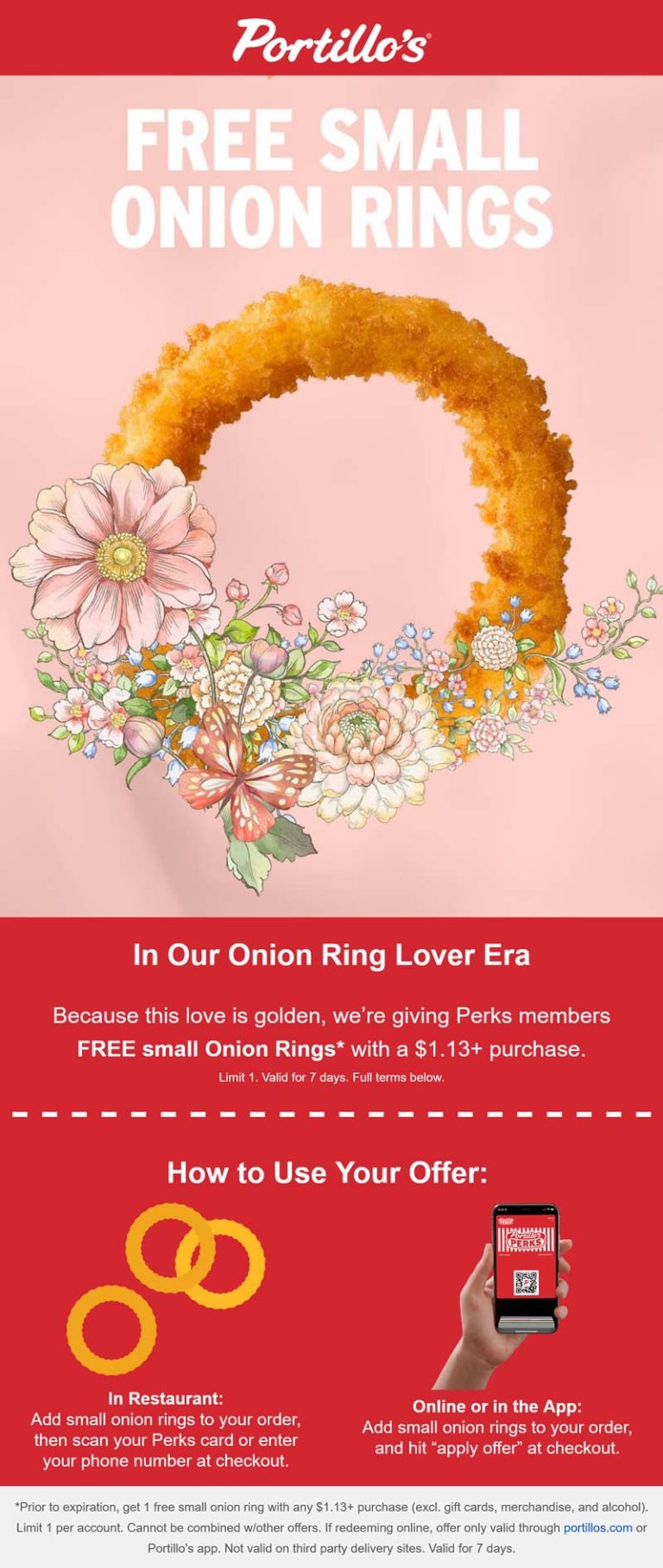 Free onion rings on $1 at Portillos restaurants