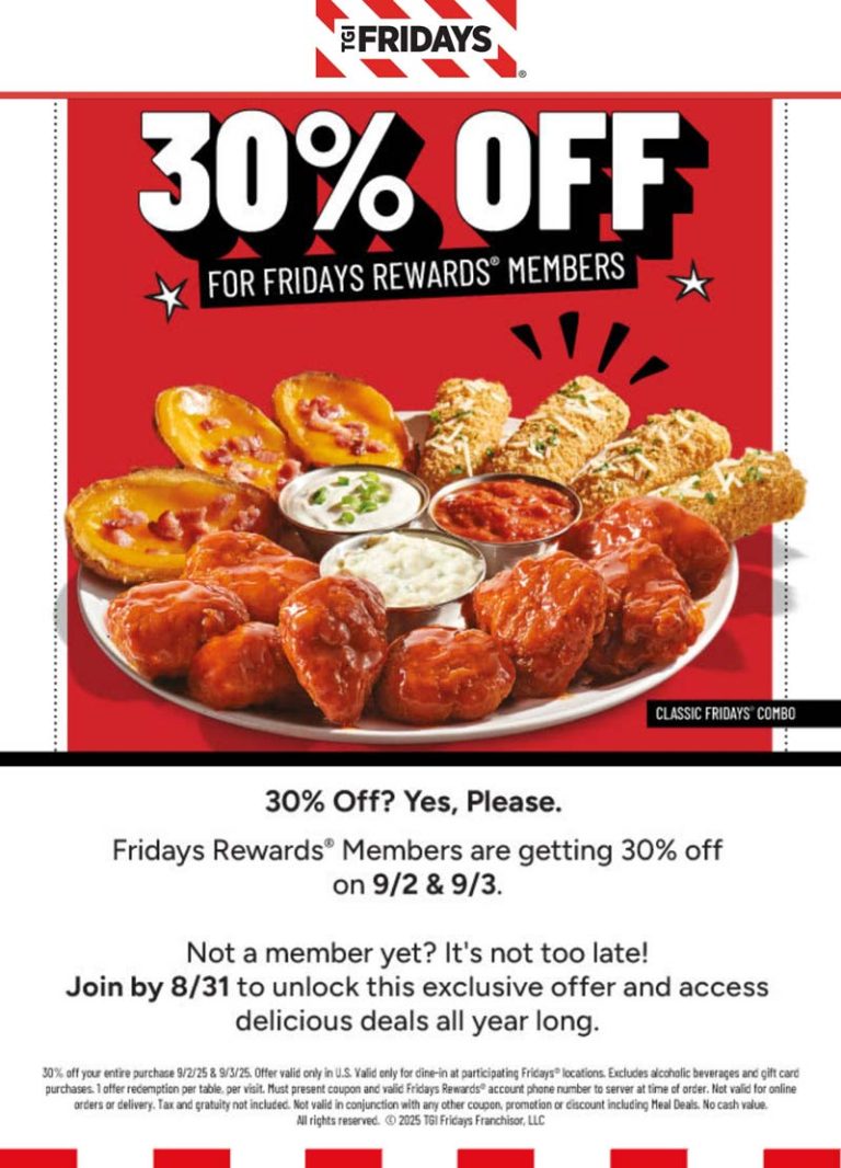 30% off Tues & Weds at TGI Fridays restaurants