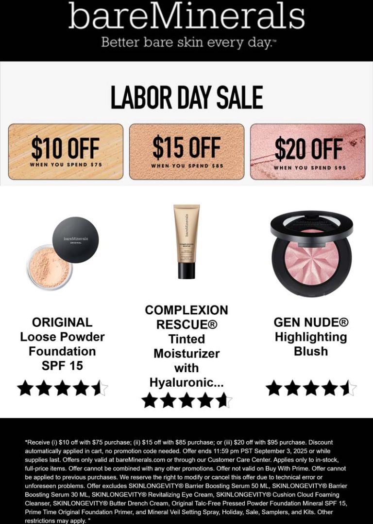 $10-$20 off $75+ at bareMinerals